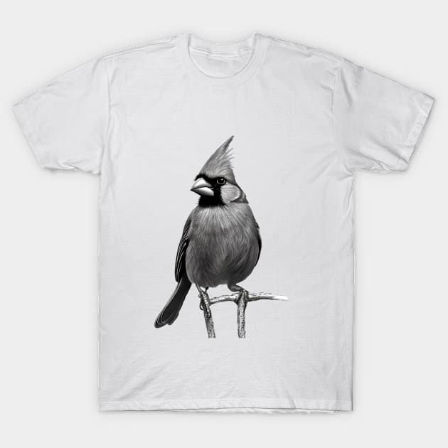 Cardinal Drawing in Black and White - Monochrome Drawing Bird T-Shirt by 1FunLife